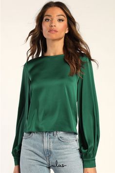 Whatever the day may bring, you'll conquer it looking like an absolute babe in the Lulus Feeling Excellent Emerald Green Satin Long Sleeve Top! Sleek woven satin shapes this chic blouse that features a round neckline and a relaxed bodice, all framed by long sleeves with button cuffs. A cute, keyhole cutout with a top button at the back completes this classy top! Fit: This garment fits true to size. Length: Size medium measures 21.75" from shoulder to hem. Bust: Great for any cup size. Waist: Not Satin Long Sleeve Top, Emerald Green Blouse, Lulu Fashion, Satin Long Sleeve, Chic Blouses, Comfortable Room, Green Satin, Green Tops, Cup Size