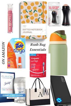 the contents of a travel bag are shown in this collage, including toiletries, and other items