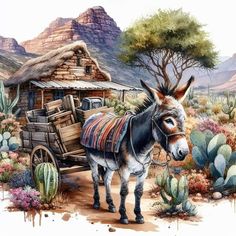 a painting of a donkey pulling a cart in front of a house and cactus trees