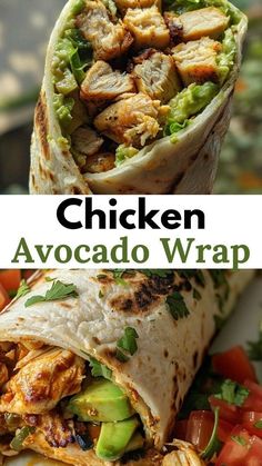 the chicken avocado wrap is cut in half and stacked on top of each other