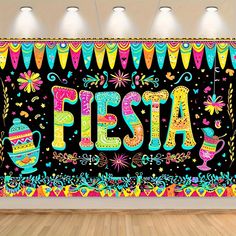 a wall hanging on the side of a room with an image of fiesta written in bright colors