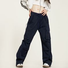 5ft 4''(166cm) tall, 95 lbs(43kg) weight and wearing a size S164cm/49kg wearing a size S - Drawstring- Multi-pocket- Wide straight fit- Drape style- 3 colors Navy High Waist Sporty Pants, Navy Straight Leg Cargo Pants, Navy Wide Leg Casual Cargo Pants, Blue Full-length Cargo Pants With Multiple Pockets, Blue Full Length Cargo Pants With Multiple Pockets, Blue Utility Cargo Pants, Navy Bottoms For Streetwear, Blue Full-length Cargo Pants, Blue Cotton Pants For Outdoor Activities