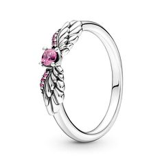 Add this heaven-sent ring to your everyday stacks. The Sparkling Angel Wings Ring will inspire you to spread your wings and shine. Symbolizing protection and safety, this sterling silver ring is set with a brilliant-cut pink crystal for an extra pop of color. Wear it on its own for a subtle statement, or stack it up with more of your favorites for a silver ring stack that shines. Silver Ring Stack, Angel Wings Ring, Ali D'angelo, Silver Wedding Gifts, Wings Ring, Angel Wing Ring, Pave Setting Ring, Pandora Rings, Ring Stack