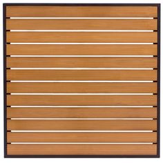 a wooden slatted wall with white lines on the bottom and brown trim around it