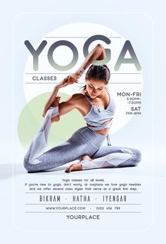 a woman doing yoga poses in front of a white background with the words yoga classes on it