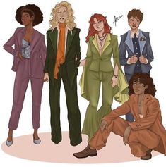 four women in suits and ties are standing together