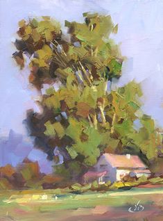 an oil painting of a tree in front of a house