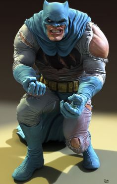 the batman statue is posed in front of a dark background, with one hand on his knees