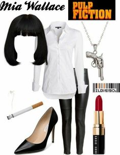 Pulp Fiction Fancy Dress, Black Haired Costume Ideas, Pulp Fiction Outfit, Pulp Fiction Makeup, Mia Wallace Halloween, 90s Costume Ideas, Halloween Costumes Black Hair