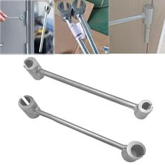 two metal handles are attached to the door and one is holding wrenches with both hands