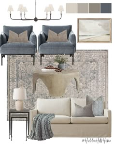 a living room with couches, chairs and rugs in shades of blue and beige