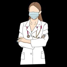 a female doctor wearing a mask and stethoscope standing with her arms crossed