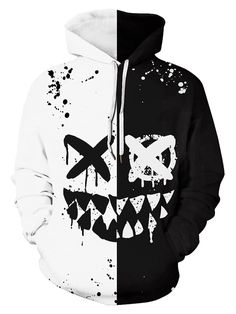 a black and white hoodie with an image of a face painted on it