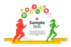 two people running on a scale with the words sample text above them and icons about health