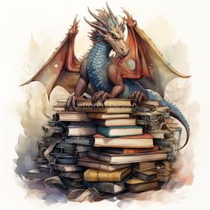 a dragon sitting on top of a pile of books