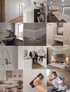 a collage of photos showing different rooms and things in the house that people are doing