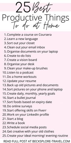 Are you currently spending more time at home but don't want to only watch Netflix in your spare time? Here are 25 productive things to do at home! Fun Things To Do At Home, To Do List Ideas, Self Care Plan, Self Care Aesthetic, Interesting Things To Do, Self Care Quotes, Face Care Routine, Self Care Ideas, Things To Do At Home