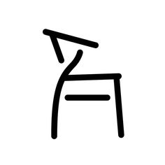 a black and white drawing of a chair on a white background with the word's symbol above it