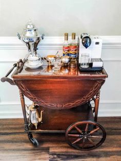 an antique tea cart with the words how to create a vintage tea cart