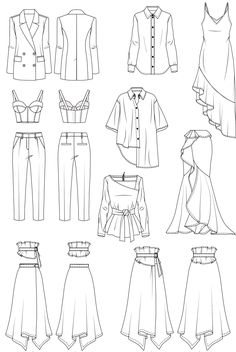 different types of clothes for women, including blouses and pants with ties on them