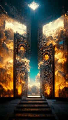 an open door leading into a sky filled with clouds