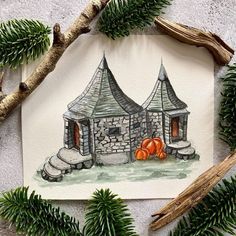 a watercolor painting of a stone house with pumpkins on the ground and pine branches around it