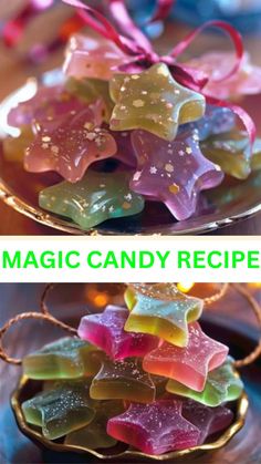 two pictures with different colored candies in them and the words magic candy recipe below