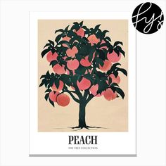 an apple tree with the words peach in black and white, on a beige background