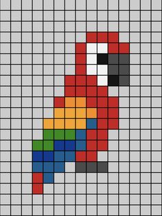 A pixel art template of a tropical Parrot (red coat with orange, green and blue feathers on the tail). Birds Tropical, Square Drawing, Pixel Beads, Easy Perler Beads Ideas, Pixel Crochet