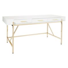 a white desk with two drawers and gold legs