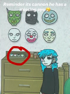 a cartoon character with blue hair standing in front of a dresser