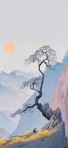 a painting of a tree on top of a mountain