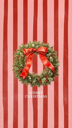 a christmas card with a wreath and red bow on it's front, against a striped background