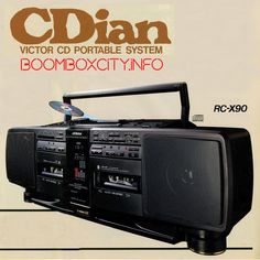 the cd player is sitting on top of the boombox in front of an advertisement