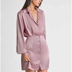 Pink Satin Long Sleeve Collared Button Front Shirt Dress Size Small Brand New, Never Used, With Tags Attached The Dress Is A Little Wrinkled In My Photos From The Packaging But Can Easily Be Washed Out. The Dress Itself Is Beautiful! Well Made, Very Soft, Silky Feeling Material. The Color Is Shiny And Vibrant Just Like The Photos, As Is The Fit. Composition: 97% Polyester, 3% Elastane Semi-formal Button-up Dress With Button Cuffs, Chic Button-up Mini Dress With Covered Buttons, Elegant V-neck Shirt Dress With Button Closure, Feminine Button-up Dress For Date Night, Classic V-neck Shirt Dress With Button Closure, Elegant Date Night Blouse With Buttons, Collared Mini Dress For Date Night, Elegant Pink V-neck Shirt Dress, Single Breasted Long Sleeve Party Dress