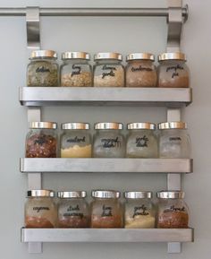 an assortment of spices on shelves in a kitchen