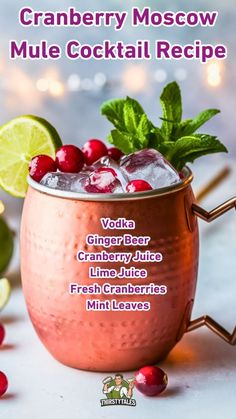 cranberry moscow mule cocktail recipe in a copper mug with limes and cranberries