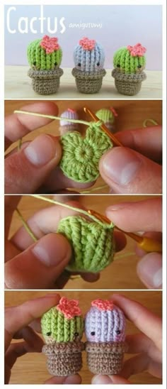 the crocheted cactus is being made with yarn