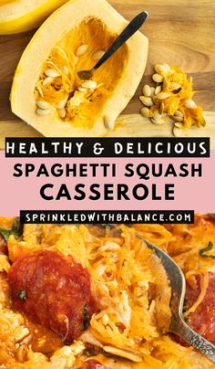 spaghetti and squash casserole with text overlay