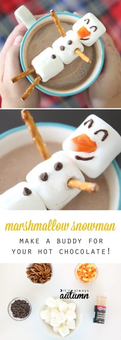 marshmallows in the shape of snowmen are on a plate with hot chocolate