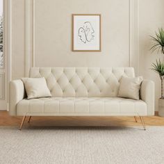 a living room with a couch, potted plant and framed art on the wall