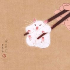 two white mice eating chopsticks on top of a piece of paper with writing underneath