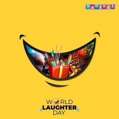 an advertisement for world laughter day with fireworks in the sky and gifts on it's side