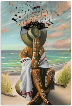 a painting of a woman sitting on the beach with musical notes coming out of her head