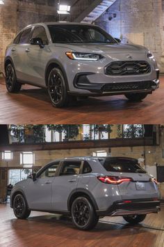 two different views of the front and side of a silver suv in a garage with wood flooring