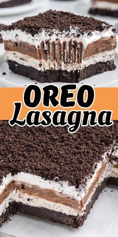 there is a chocolate cake with white frosting and oreo lasagna on it