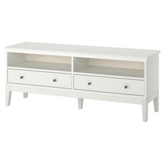 a white tv stand with two drawers