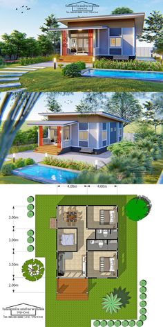 two story house plan with pool in the middle and an open floor plan on the other side