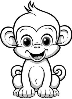 a cartoon monkey sitting on the ground with big eyes and smiling, black and white