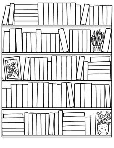 a black and white book shelf filled with books, plants and potted planters